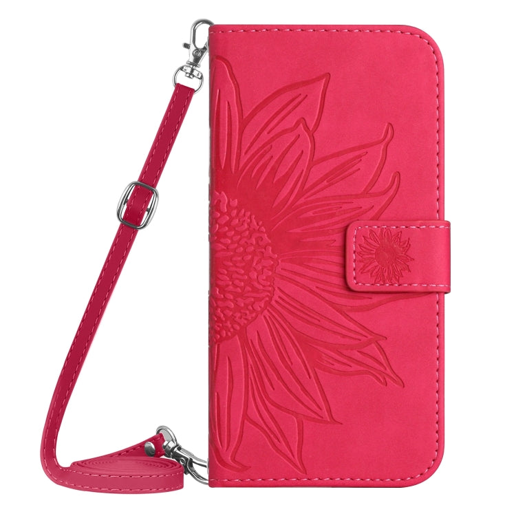 For Motorola Moto G84 HT04 Skin Feel Sun Flower Embossed Flip Leather Phone Case with Lanyard(Rose Red) - Motorola Cases by buy2fix | Online Shopping UK | buy2fix