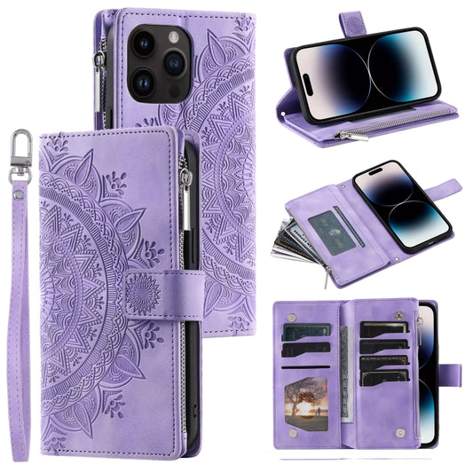 For iPhone 16 Pro Max Multi-Card Totem Zipper Leather Phone Case(Purple) - iPhone 16 Pro Max Cases by buy2fix | Online Shopping UK | buy2fix