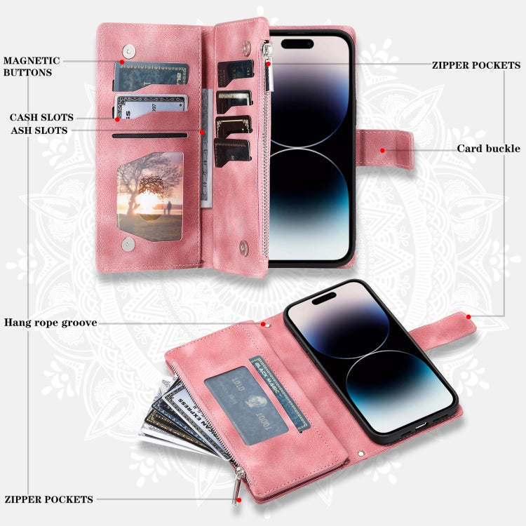 For iPhone 16 Pro Max Multi-Card Totem Zipper Leather Phone Case(Pink) - iPhone 16 Pro Max Cases by buy2fix | Online Shopping UK | buy2fix