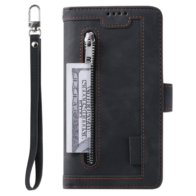 For iPhone 16 Pro Max Nine Card Zipper Bag Leather Phone Case with Lanyard(Black) - iPhone 16 Pro Max Cases by buy2fix | Online Shopping UK | buy2fix