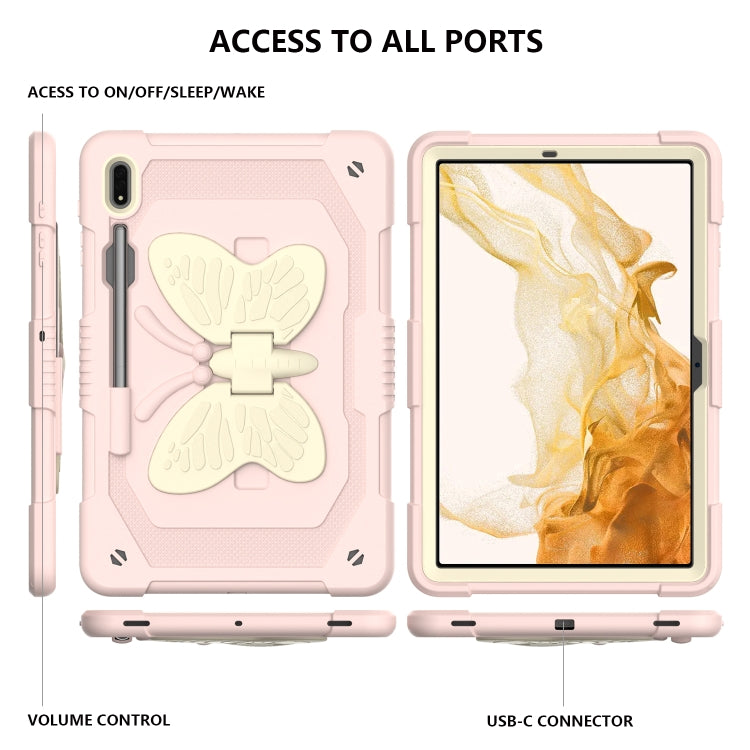 For Samsung Galaxy Tab S9 Butterfly Kickstand Heavy Duty Hard Rugged Tablet Case(Beige+Rose Pink) - Galaxy Tab S9 Cases by buy2fix | Online Shopping UK | buy2fix