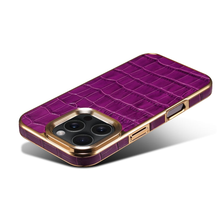 For iPhone 16 Pro Denior Crocodile Texture Genuine Leather Electroplating Phone Case(Purple) - More iPhone Cases by Denior | Online Shopping UK | buy2fix