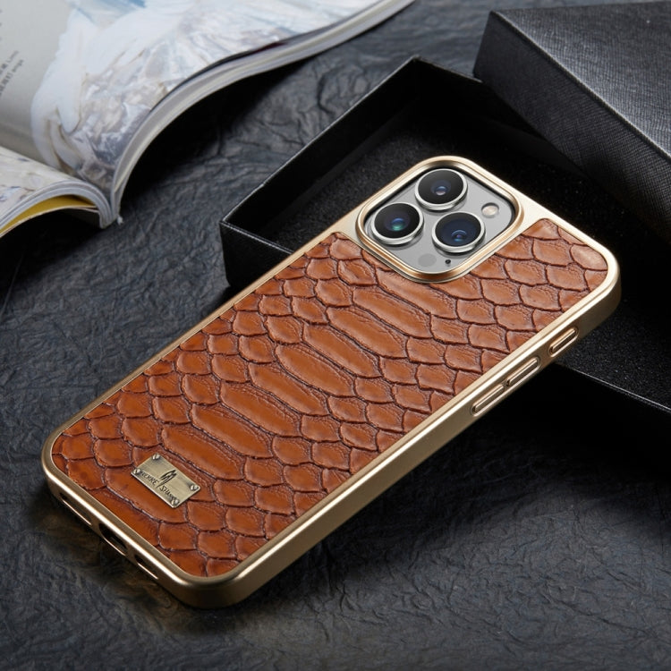 For iPhone 16 Pro Fierre Shann Python Texture Electroplating PU Phone Case(Brown) - iPhone 16 Pro Cases by FIERRE SHANN | Online Shopping UK | buy2fix