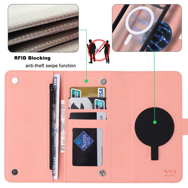 For iPhone 14 ViLi GHB Series MagSafe Magnetic Zipper Leather Phone Case(Pink) - iPhone 14 Cases by ViLi | Online Shopping UK | buy2fix