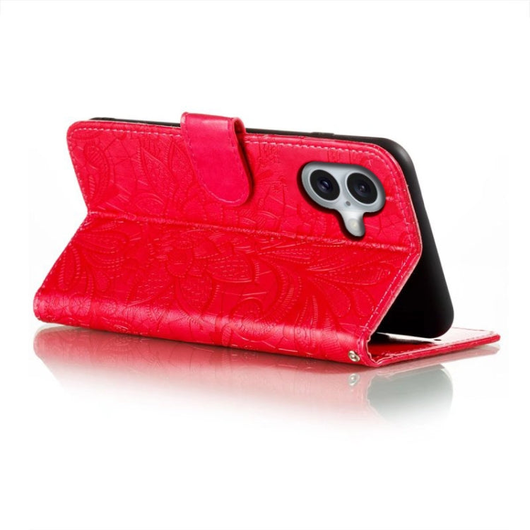 For iPhone 16 Lace Flower Embossing Flip Leather Phone Case(Red) - iPhone 16 Cases by buy2fix | Online Shopping UK | buy2fix