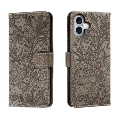 For iPhone 16 Plus Lace Flower Embossing Flip Leather Phone Case(Grey) - iPhone 16 Plus Cases by buy2fix | Online Shopping UK | buy2fix