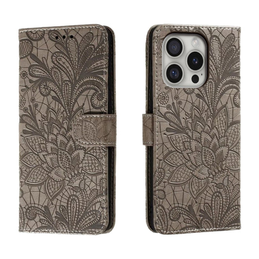 For iPhone 16 Pro Lace Flower Embossing Flip Leather Phone Case(Grey) - iPhone 16 Pro Cases by buy2fix | Online Shopping UK | buy2fix