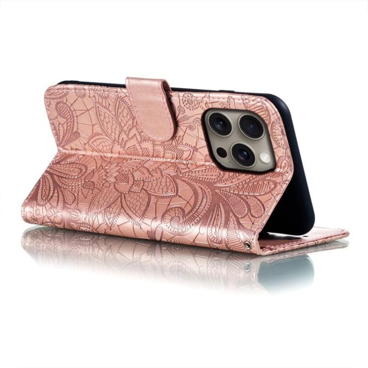 For iPhone 16 Pro Max Lace Flower Embossing Flip Leather Phone Case(Rose Gold) - iPhone 16 Pro Max Cases by buy2fix | Online Shopping UK | buy2fix