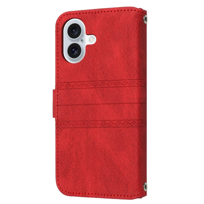 For iPhone 16 Embossed Stripes Skin Feel Leather Phone Case(Red) - iPhone 16 Cases by buy2fix | Online Shopping UK | buy2fix