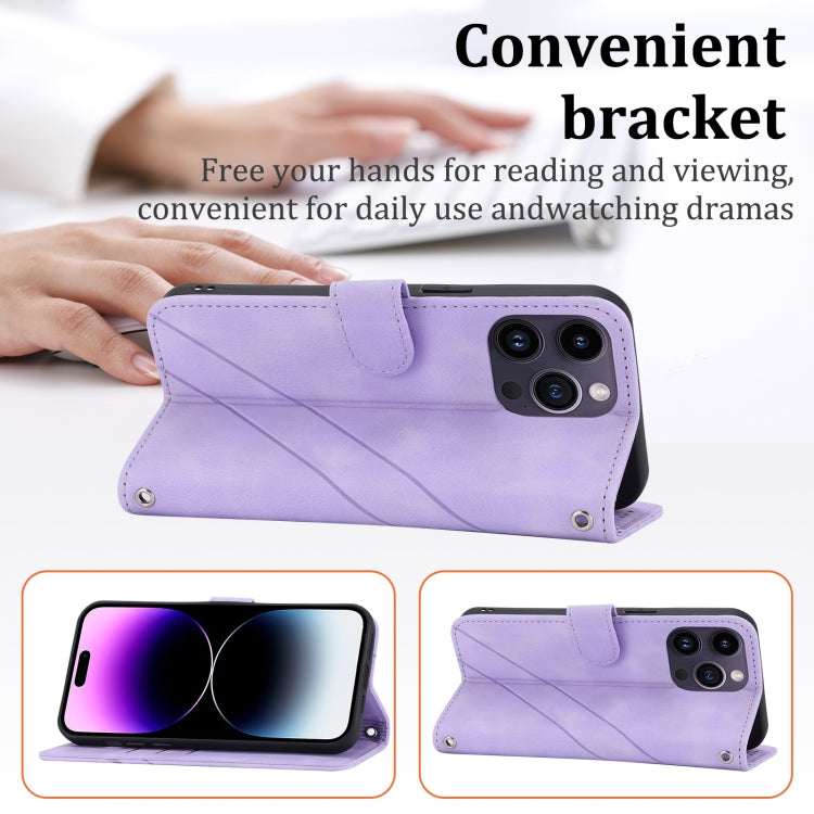 For iPhone 16 Pro Embossed Line Leather Phone Case with Lanyard(Purple) - iPhone 16 Pro Cases by buy2fix | Online Shopping UK | buy2fix