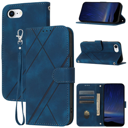 For iPhone SE 2024 Embossed Line Leather Phone Case with Lanyard(Blue) - More iPhone Cases by buy2fix | Online Shopping UK | buy2fix