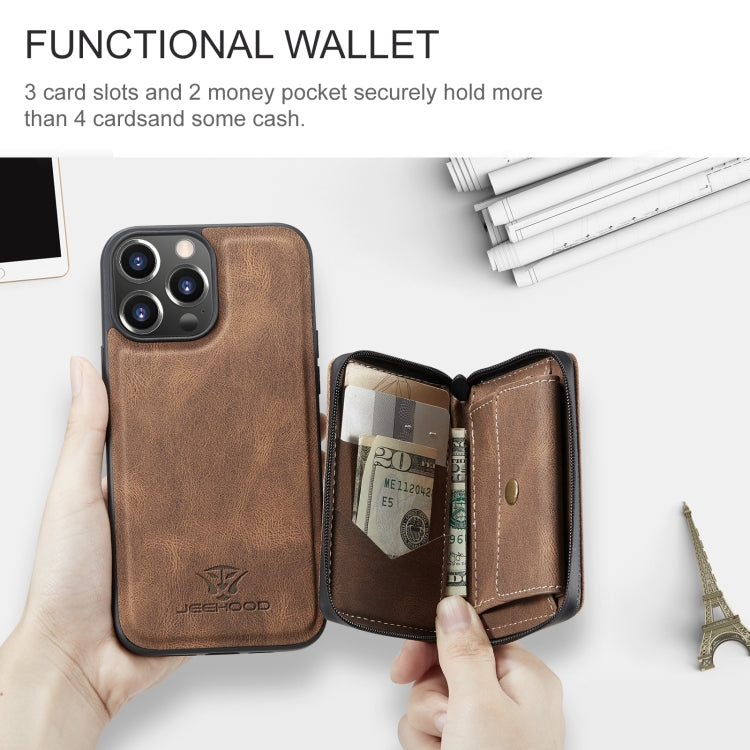 For iPhone 15 Pro Max JEEHOOD Magnetic Zipper Wallet Leather Phone Case(Brown) - iPhone 15 Pro Max Cases by JEEHOOD | Online Shopping UK | buy2fix