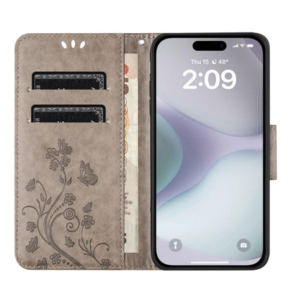 For iPhone 16 Plus Butterfly Flower Pattern Flip Leather Phone Case(Grey) - iPhone 16 Plus Cases by buy2fix | Online Shopping UK | buy2fix