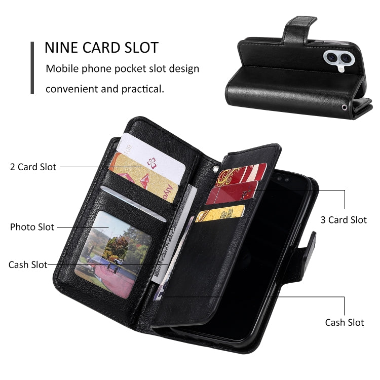 For iPhone 16 Tri-Fold 9-Card Wallets Leather Phone Case(Black) - iPhone 16 Cases by buy2fix | Online Shopping UK | buy2fix