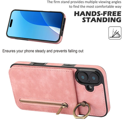 For iPhone 16 Retro Ring and Zipper RFID Card Slot Phone Case(Pink) - iPhone 16 Cases by buy2fix | Online Shopping UK | buy2fix