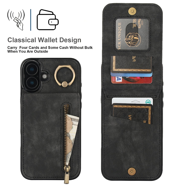 For iPhone 16 Retro Ring and Zipper RFID Card Slot Phone Case(Black) - iPhone 16 Cases by buy2fix | Online Shopping UK | buy2fix