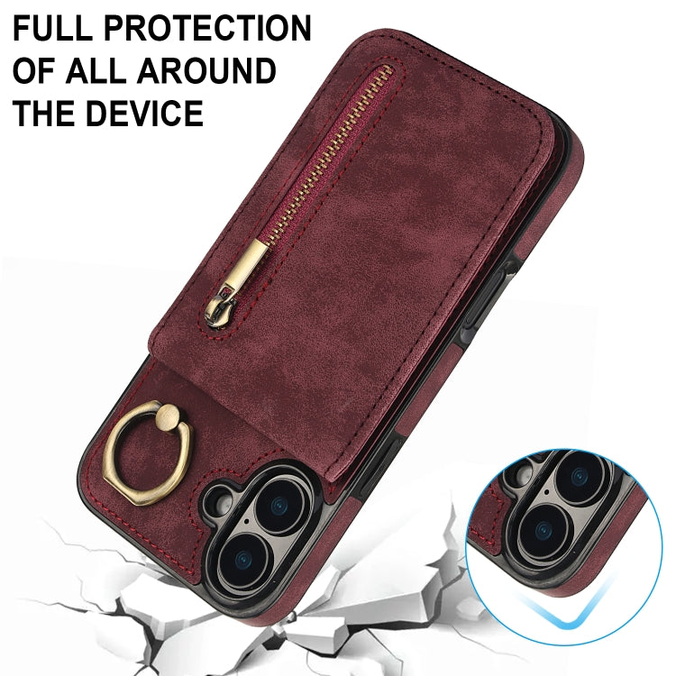 For iPhone 16 Retro Ring and Zipper RFID Card Slot Phone Case(Wine Red) - iPhone 16 Cases by buy2fix | Online Shopping UK | buy2fix