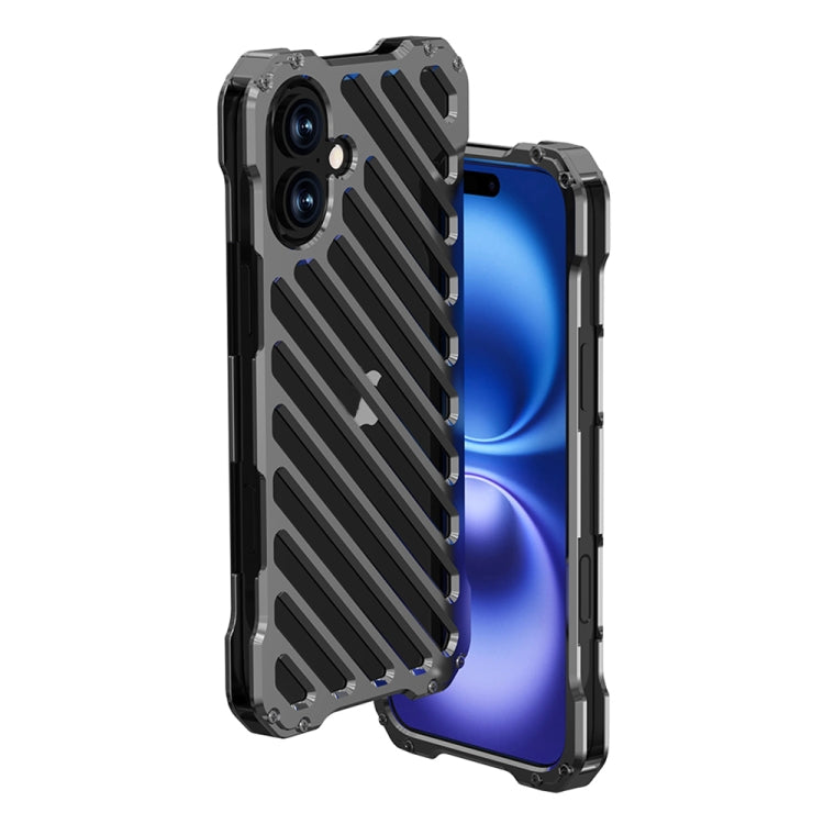 For iPhone 16 R-JUST RJ-50 Hollow Breathable Armor Metal Phone Case(Space Grey) - iPhone 16 Cases by R-JUST | Online Shopping UK | buy2fix