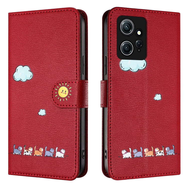 For Xiaomi Redmi Note 12 4G Global Cartoon Cats Leather Phone Case(Red) - Xiaomi Cases by buy2fix | Online Shopping UK | buy2fix