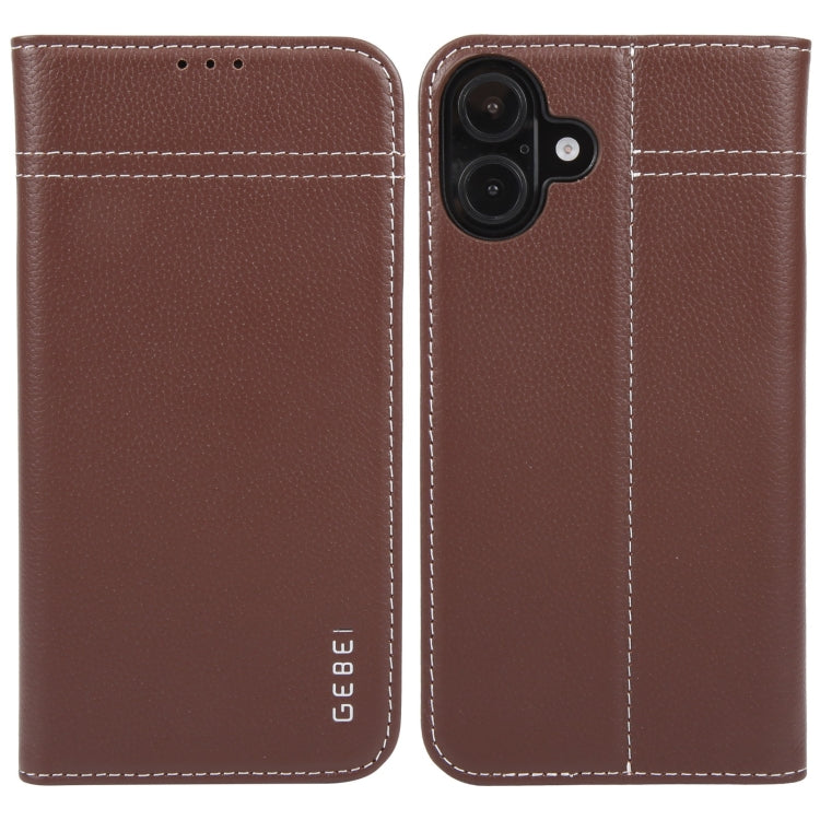 For iPhone 16 GEBEI Top-grain Horizontal Flip Leather Phone Case(Brown) - iPhone 16 Cases by GEBEI | Online Shopping UK | buy2fix