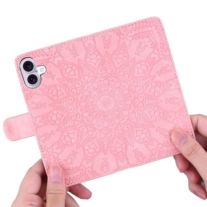 For iPhone 16 Mandala Embossed Dual-Fold Calf Leather Phone Case(Pink) - iPhone 16 Cases by buy2fix | Online Shopping UK | buy2fix