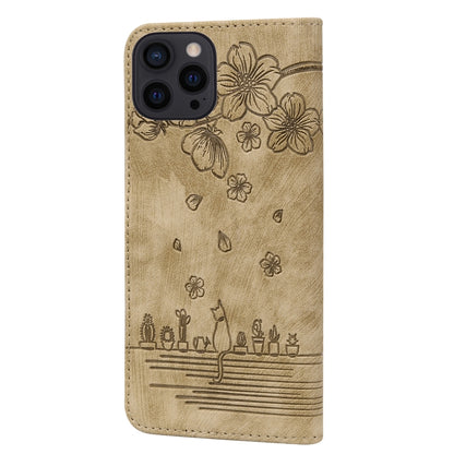 For iPhone 16 Pro Max Cartoon Sakura Cat Embossed Leather Phone Case(Brown) - iPhone 16 Pro Max Cases by buy2fix | Online Shopping UK | buy2fix