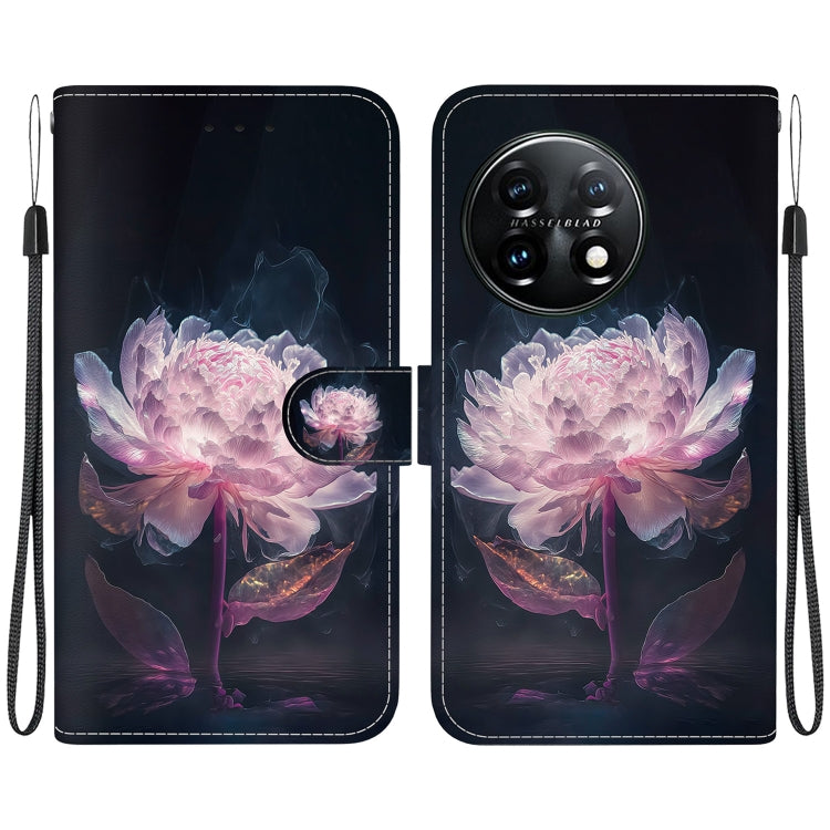 For OnePlus 11 Crystal Texture Colored Drawing Leather Phone Case(Purple Peony) - OnePlus Cases by buy2fix | Online Shopping UK | buy2fix