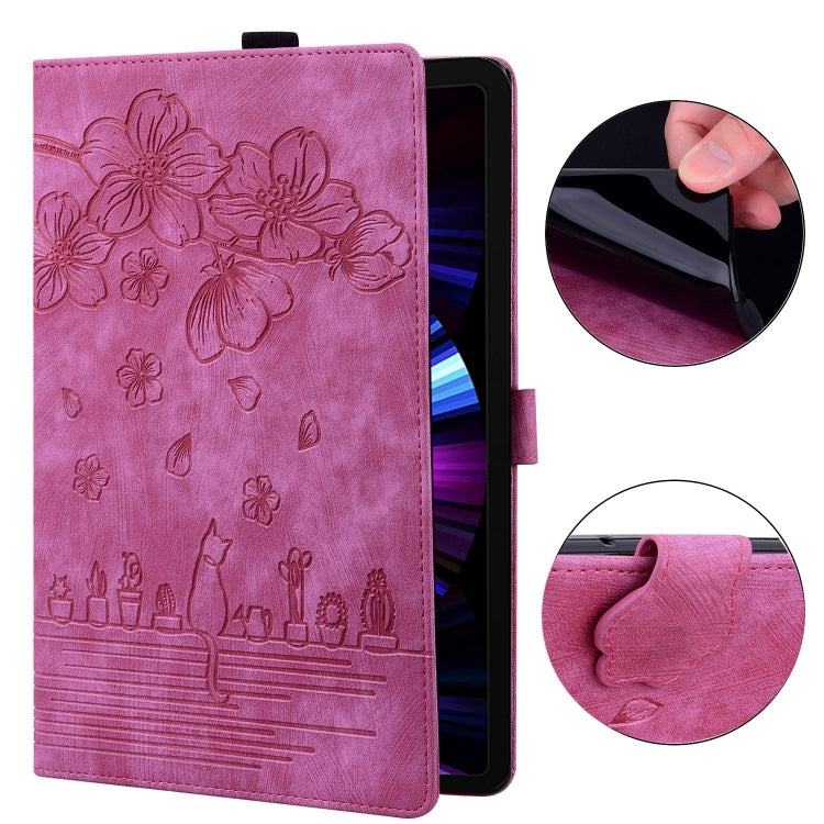 For Samsung Galaxy Tab S9+ /S8+ /S7+ Cartoon Sakura Cat Embossed Smart Leather Tablet Case(Rose Red) - Galaxy Tab S9+ Cases by buy2fix | Online Shopping UK | buy2fix