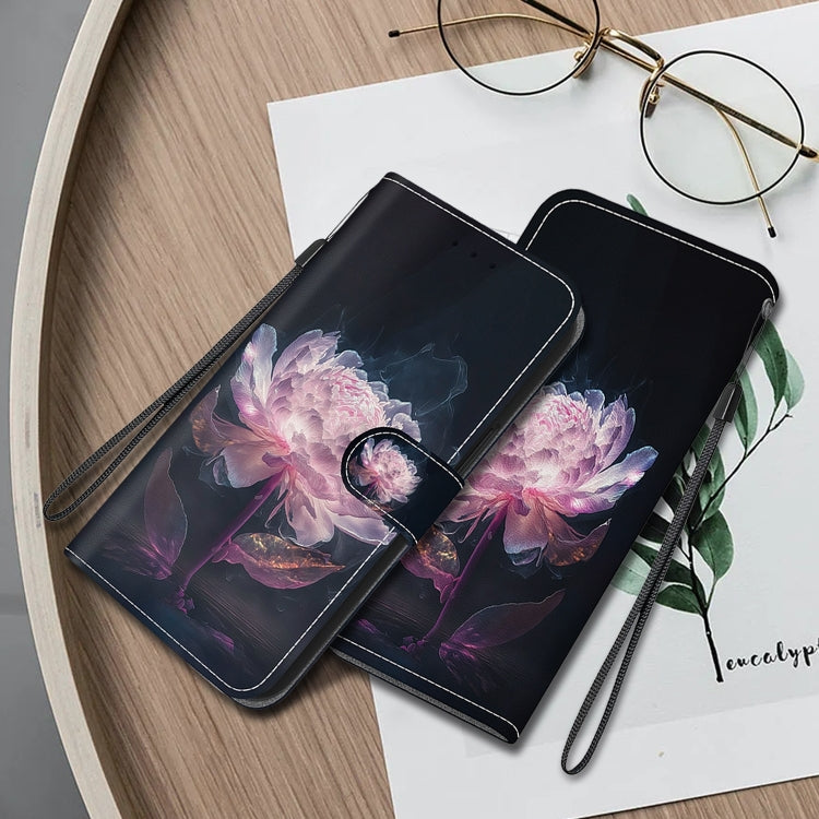 For iPhone 16 Pro Crystal Texture Colored Drawing Leather Phone Case(Purple Peony) - iPhone 16 Pro Cases by buy2fix | Online Shopping UK | buy2fix