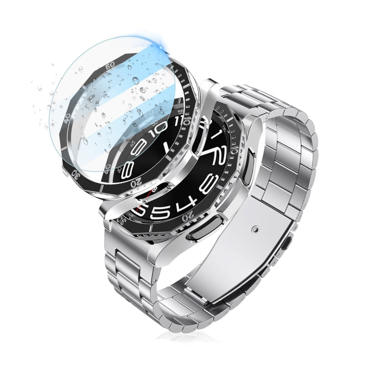 For Samsung Galaxy Watch6 Classic 47mm R960 Electroplate PC Case + Tempered Film + Watch Bezel Ring Set(Blue+Rose Gold) - Watch Cases by buy2fix | Online Shopping UK | buy2fix