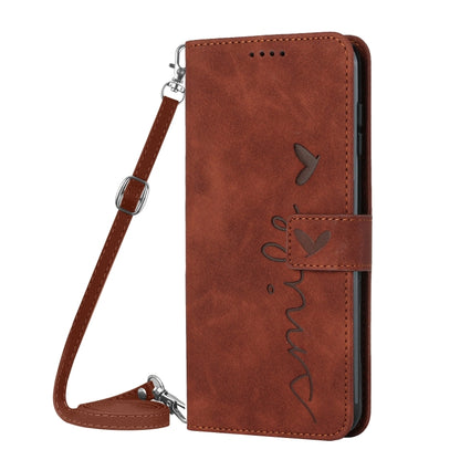 For Motorola Edge 5G 2024 Skin Feel Heart Embossed Leather Phone Case with Long Lanyard(Brown) - Motorola Cases by buy2fix | Online Shopping UK | buy2fix