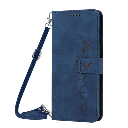 For OPPO Reno11 Pro Global Skin Feel Heart Embossed Leather Phone Case with Long Lanyard(Blue) - Reno11 Pro Cases by buy2fix | Online Shopping UK | buy2fix