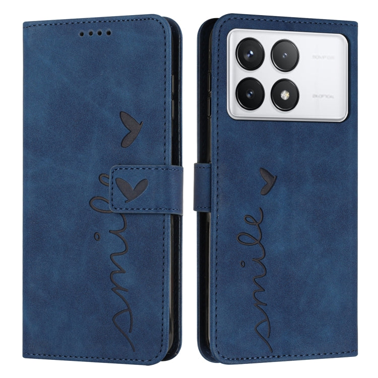 For Xiaomi Redmi K70 / K70 Pro Skin Feel Heart Embossed Leather Phone Case with Long Lanyard(Blue) - K70 Pro Cases by buy2fix | Online Shopping UK | buy2fix