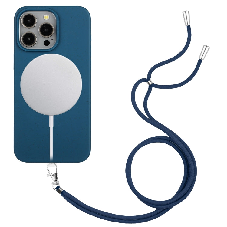 For iPhone 11 Pro Max Wheat MagSafe Magnetic Straw Material + TPU Phone Case with Lanyard(Blue) - iPhone 11 Pro Max Cases by buy2fix | Online Shopping UK | buy2fix