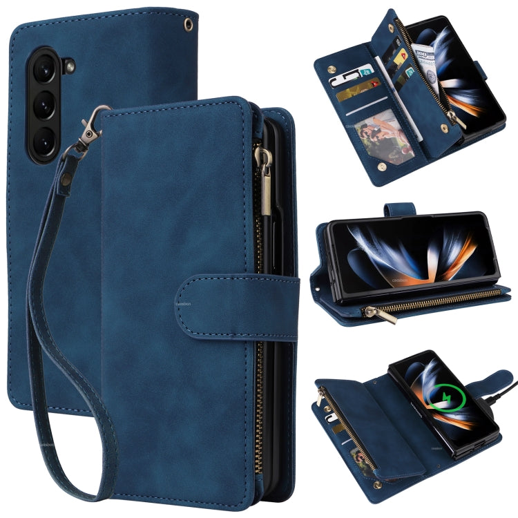 For Samsung Galaxy Z Fold5 Multifunctional Frosted Zipper Wallet Leather Phone Case(Blue) - Galaxy Z Fold5 Cases by buy2fix | Online Shopping UK | buy2fix