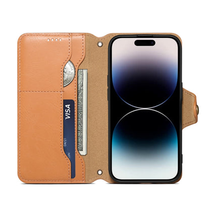 For iPhone 16 Plus Denior Cowhide Texture Wallet Style Leather Phone Case(Khaki) - iPhone 16 Plus Cases by Denior | Online Shopping UK | buy2fix