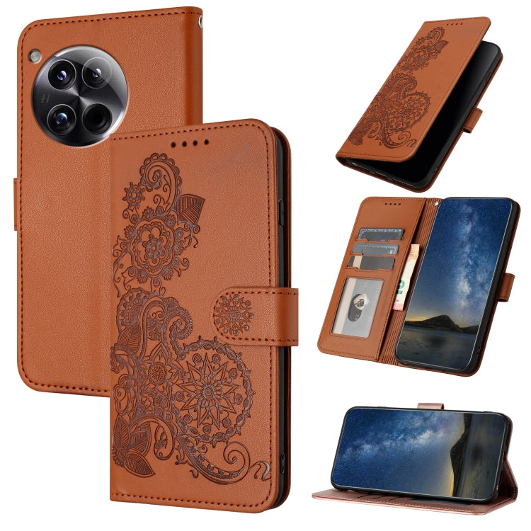 For OnePlus 12 Datura Flower Embossed Flip Leather Phone Case(Brown) - OnePlus Cases by buy2fix | Online Shopping UK | buy2fix