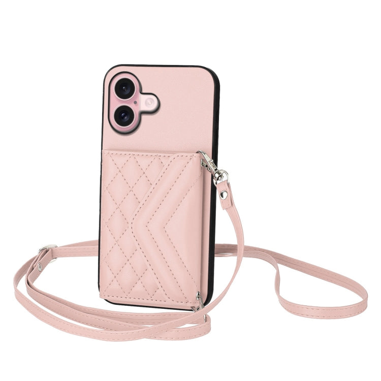 For iPhone 16 Rhombic Texture Card Bag RFID Phone Case with Long Lanyard(Rose Gold) - iPhone 16 Cases by buy2fix | Online Shopping UK | buy2fix