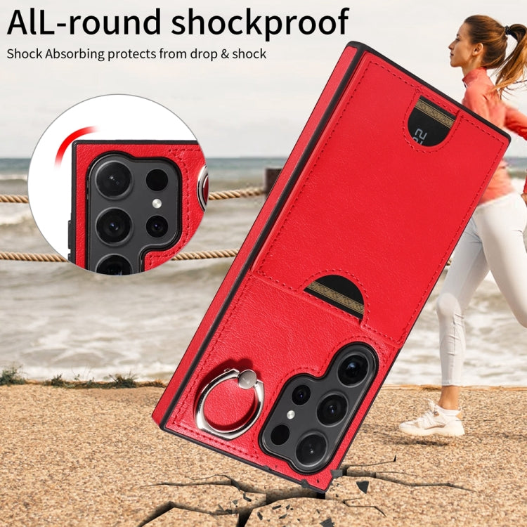 For Samsung Galaxy S24 Ultra 5G Calf Texture Card Slot Ring Holder Phone Case(Red) - Galaxy S24 Ultra 5G Tempered Glass by buy2fix | Online Shopping UK | buy2fix