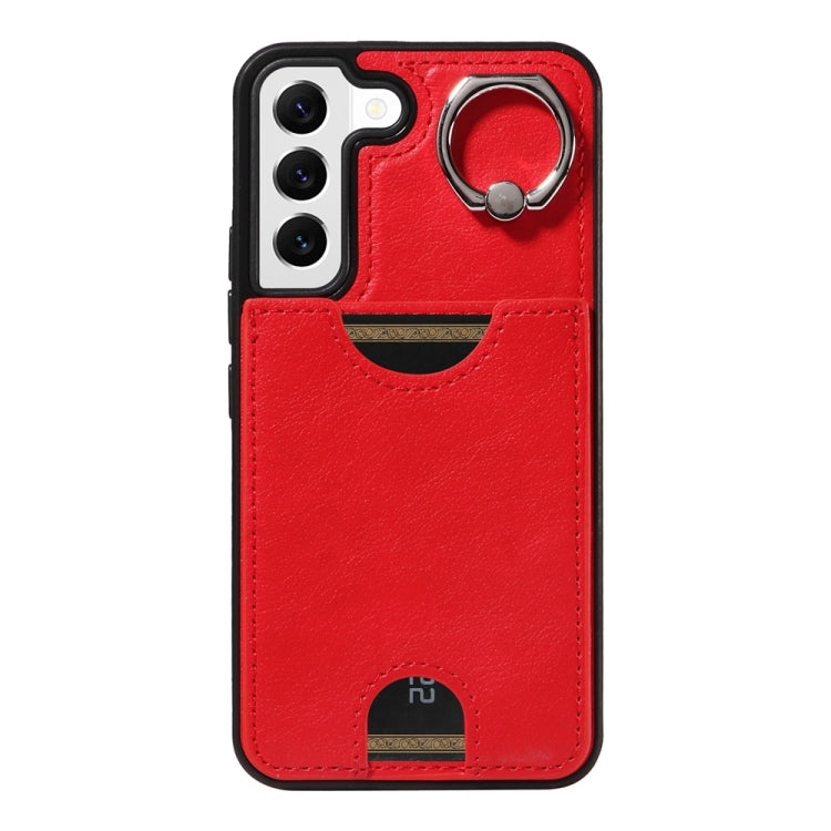 For Samsung Galaxy S22 5G Calf Texture Card Slot Ring Holder Phone Case(Red) - Galaxy S22 5G Cases by buy2fix | Online Shopping UK | buy2fix