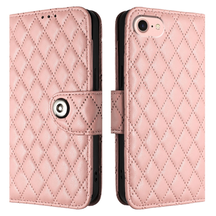 For iPhone SE 2024 Rhombic Texture Flip Leather Phone Case with Lanyard(Coral Pink) - More iPhone Cases by buy2fix | Online Shopping UK | buy2fix