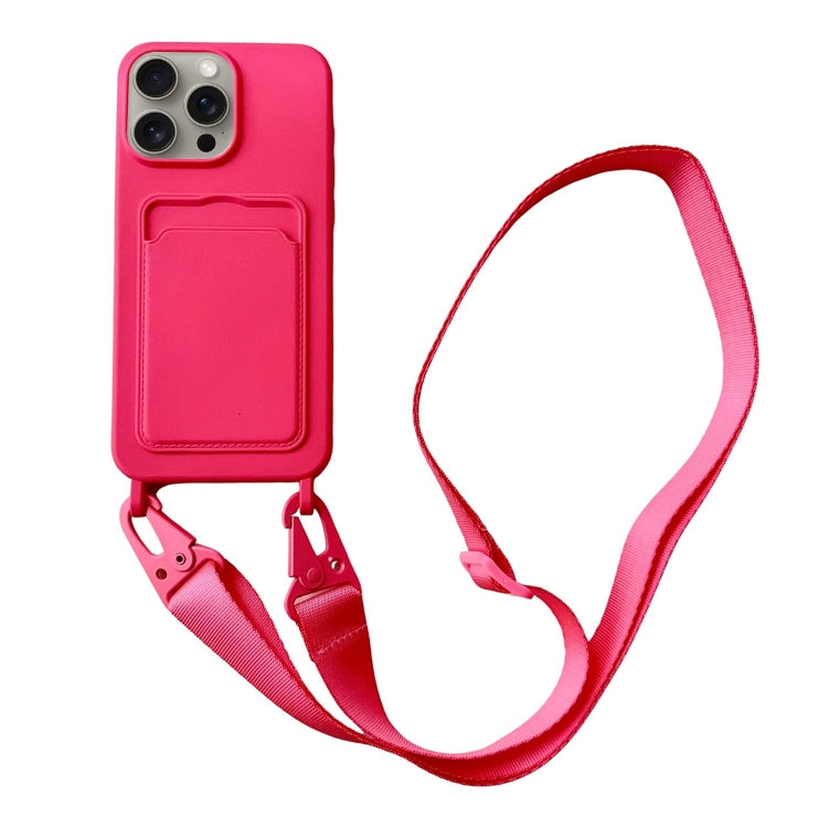 For iPhone 16 Pro Card Slot Liquid Silicone Phone Case with Lanyard(Rose Red) - iPhone 16 Pro Cases by buy2fix | Online Shopping UK | buy2fix