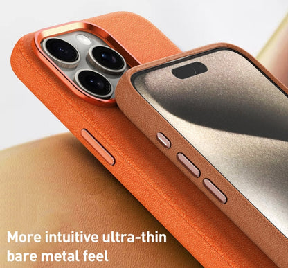 For iPhone 13 Metal Lens Frame Leather Magsafe Full Coverage Shockproof Phone Case(Orange) - iPhone 13 Cases by buy2fix | Online Shopping UK | buy2fix