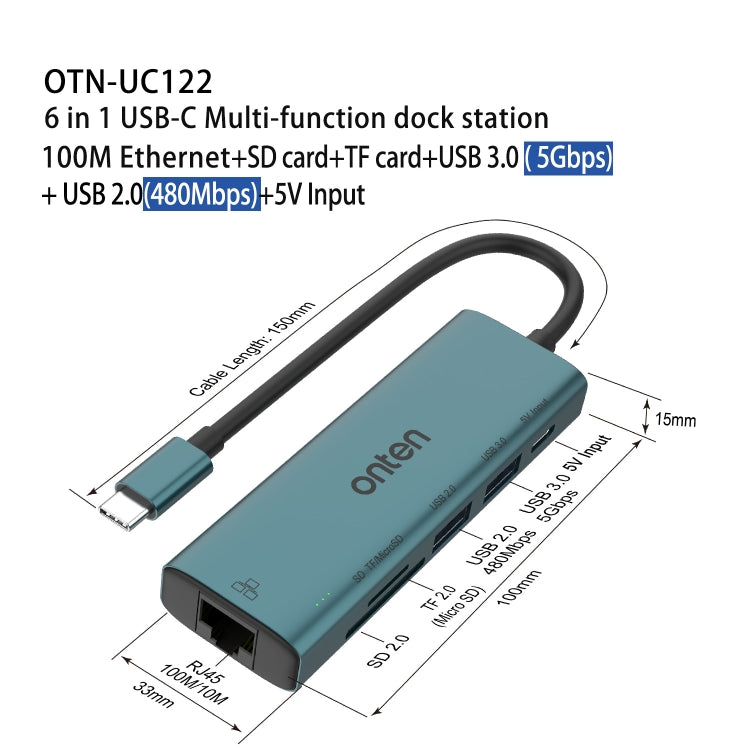 Onten UC122 6 in 1 USB-C / Type-C to SD + TF Card + USB 3.0 HUB with 5V Input & 100Mbps Network Card - USB HUB by Onten | Online Shopping UK | buy2fix