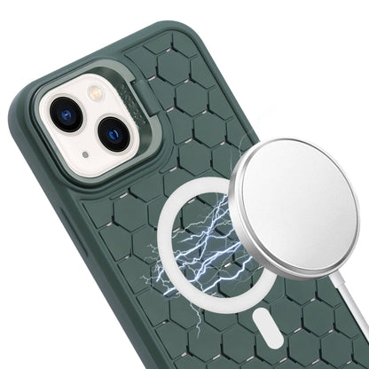 For iPhone 15 Honeycomb Radiating Lens Holder Magsafe Phone Case with Lanyard(Green) - iPhone 15 Cases by buy2fix | Online Shopping UK | buy2fix