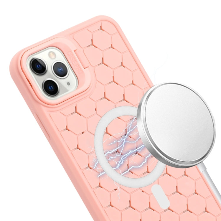 For iPhone 16 Pro Honeycomb Radiating Lens Holder Magsafe Phone Case with Lanyard(Pink) - iPhone 16 Pro Cases by buy2fix | Online Shopping UK | buy2fix