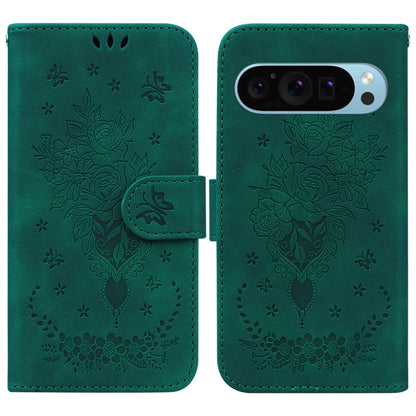 For Google Pixel 9 Butterfly Rose Embossed Leather Phone Case(Green) - Google Cases by buy2fix | Online Shopping UK | buy2fix