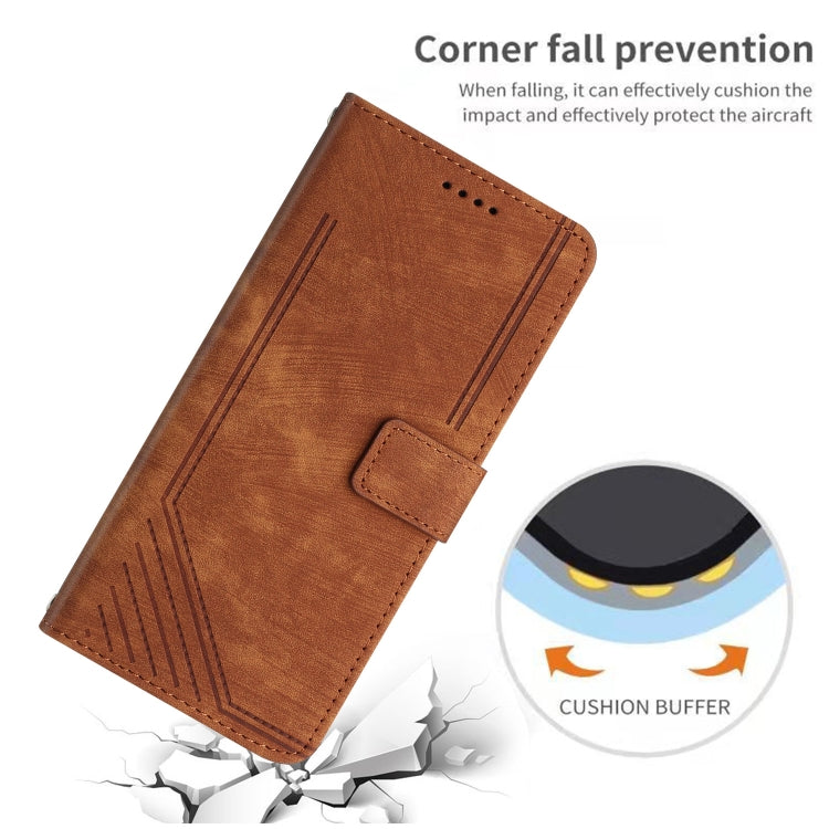 For OnePlus 12 Skin Feel Stripe Pattern Leather Phone Case with Lanyard(Brown) - OnePlus Cases by buy2fix | Online Shopping UK | buy2fix