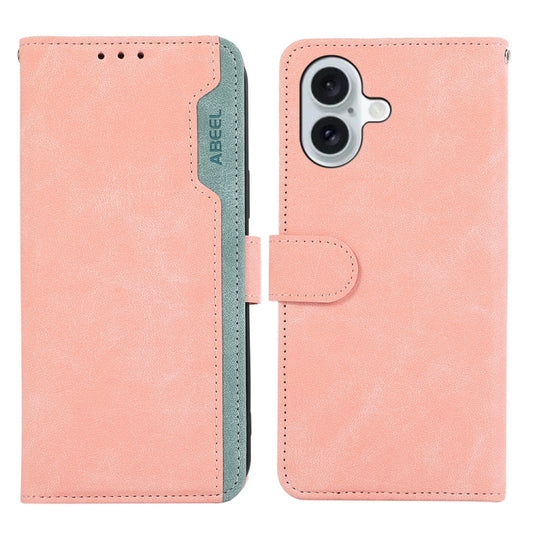 For iPhone 16 Plus ABEEL Color Block Magnetic RFID Leather Phone Case(Pink-Cyan) - iPhone 16 Plus Cases by buy2fix | Online Shopping UK | buy2fix