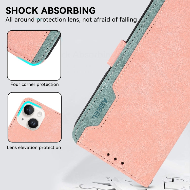 For iPhone 16 ABEEL Color Block Magnetic RFID Leather Phone Case(Pink-Cyan) - iPhone 16 Cases by buy2fix | Online Shopping UK | buy2fix